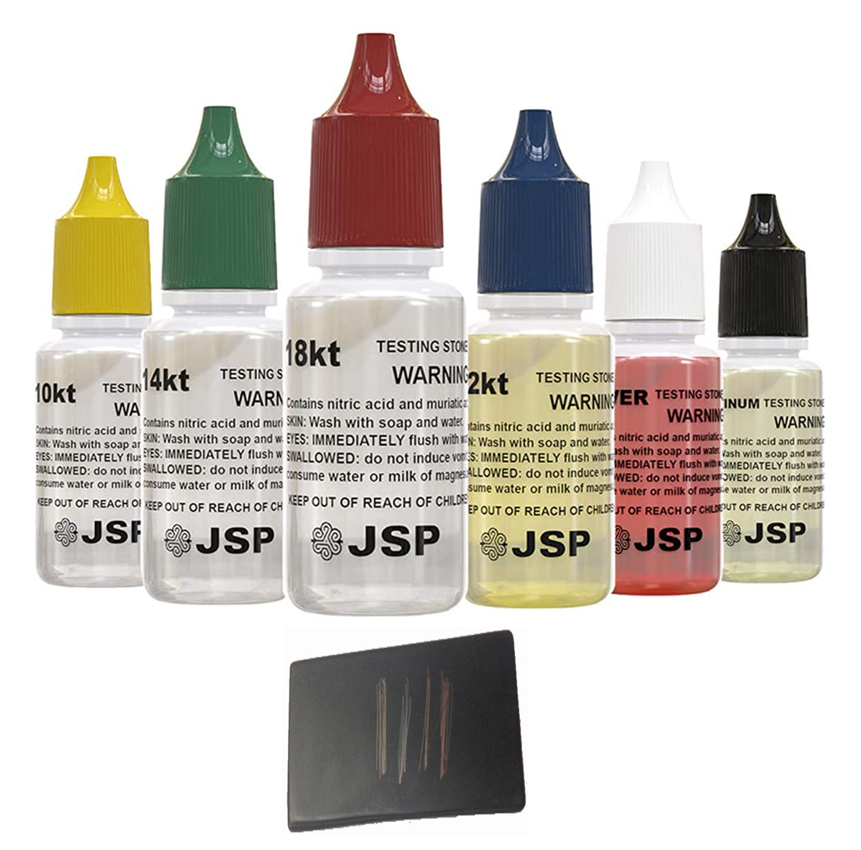 6 Assorted acid bottles & natural test stone